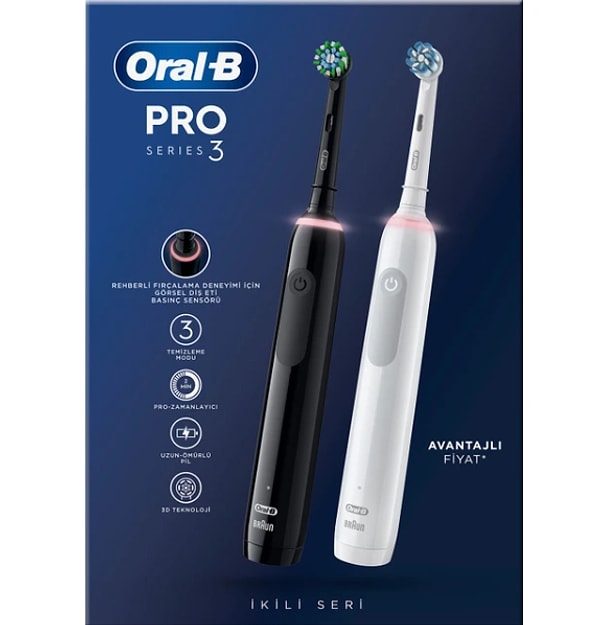 3. Oral-B Pro 3 - 3900 - Siyah Beyaz 2'li Elektrikli Diş Fırçası Seti