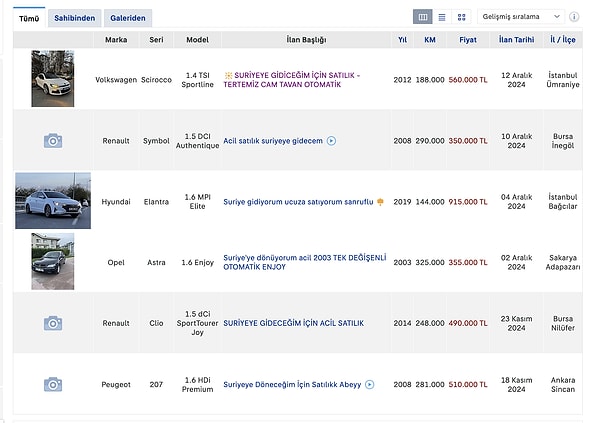 Sahibinden.com'a girip ''Suriye'' kelimesiyle filtrelenen bir arama yaptığımızda 6 otomobil ilanıyla karşılaşıyoruz. Bu ilanlar, ''Suriye'ye dönüyorum, acil satılık'' benzeri başlıklarla kendini belli ediyor.