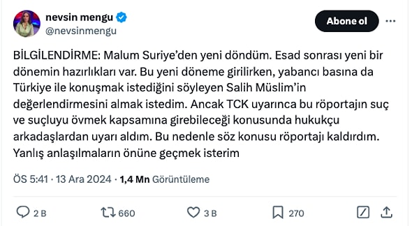 Nevşin Mengü yaptığı röportajın ardından dün de röportajı "TCK uyarınca"  yayından kaldırdığını duyurmuştu.