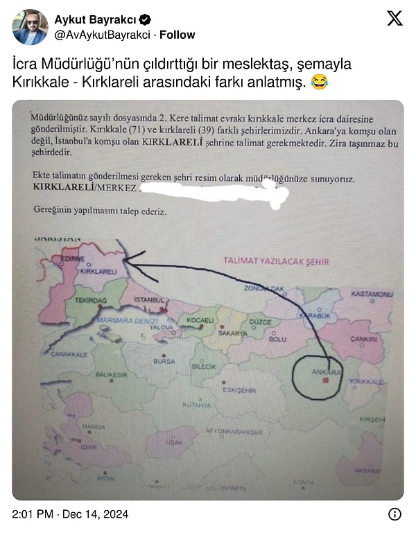 Yanlış icra talimatları bir avukatı harita çizmek zorunda bıraktı! Kırıkkale ile Kırklareli’ni karıştıran icra müdürlüğüne farkı anlatmak için şemalı bir harita hazırlayan avukatın paylaşımı Twitter’da gündem oldu.