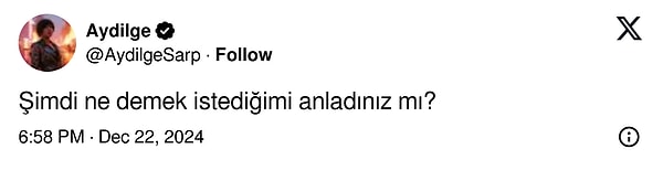 Yaşanan olayların ve rapçilere yöneltilen kan donduran suçlamaların ardından Aydilge X hesabından "Şimdi ne demek istediğini anladınız mı?" notunu düştüğü bir paylaşımda bulundu.