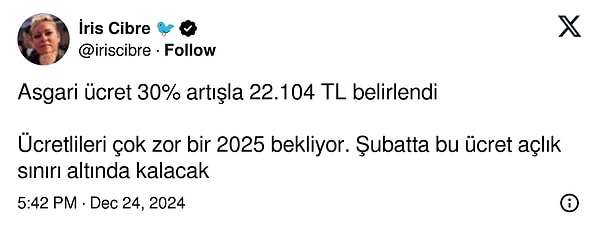 Ekonomist İris Cibre: "Asgari ücret 30% artışla 22.104 TL belirlendi. Ücretlileri çok zor bir 2025 bekliyor. Şubatta bu ücret açlık sınırı altında kalacak."