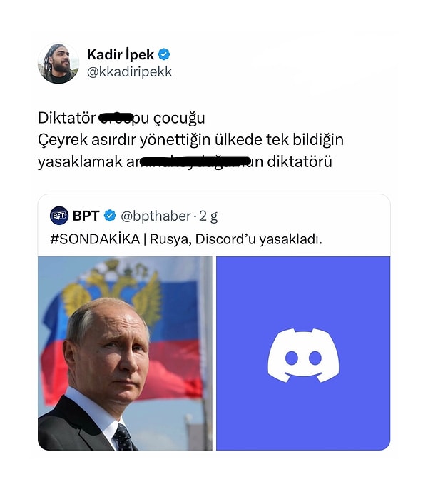 Kadir İpek, daha önce de Rusya Devlet Başkanı Vladimir Putin’e hakaret ettiği gerekçesi ile gözaltına alınmıştı.