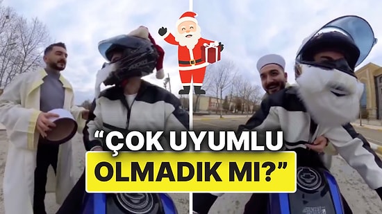 Bazen Zıt Kutuplar Birbirini Çeker! Noel Baba Kasklı Motosikletli ve Camiye Yetişen Hocanın Renkli Anları