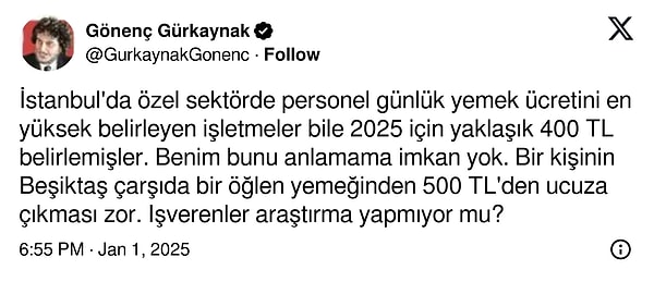 Gönenç Gürkaynak özellikle İstanbul'da bu ücretin yetersiz olduğunu o yüzden 600 lira verdiğini açıkladı.