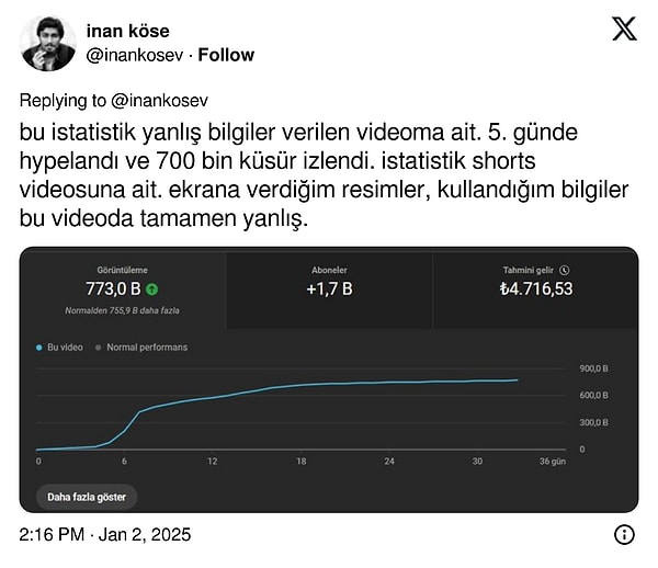 Köse aynı içeriği iki farklı versiyonla hazırladı: biri yanlış bilgilerle dolu, diğeri ise tamamen doğru bilgilerle desteklenmişti. Yanlış bilgi içeren video yalnızca beş gün içinde hype yaratarak 700 bin izlenmeye ulaştı. Öte yandan büyük emek ve doğrulukla hazırlanan ikinci video çok daha az ilgi gördü.