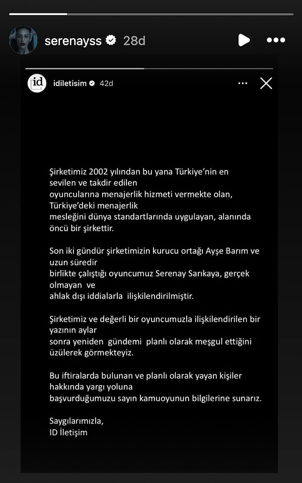 Serenay Sarıkaya da herkesi şoke eden olaya dair yapılan resmi açıklamayı Instagram hesabından paylaştı.