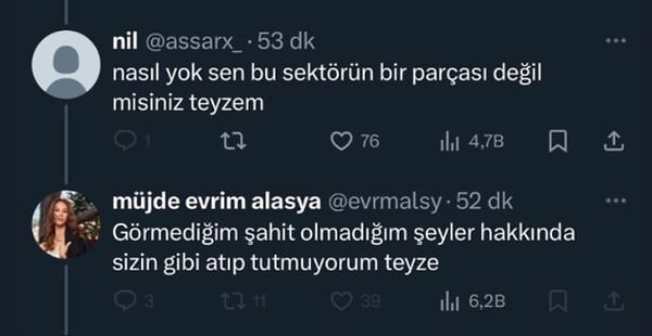 "Sektörün bir parçası değil misin?" sorusuna da "Görmediğim şahit olmadığım şeyler hakkında sizin gibi atıp tutmuyorum teyze!" diyen Alasya'ya eleştiri yağmaya devam etti.