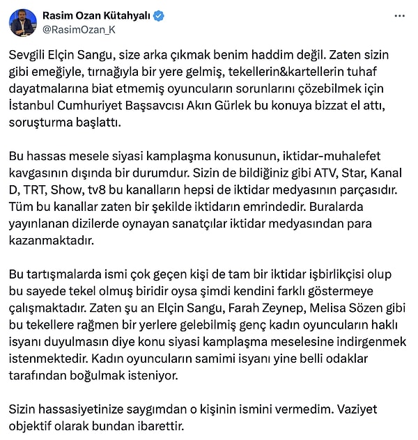 Kütahyalı'dan da cevap gecikmedi tabii. Uzun uzun kendisini açıkladı. Sangu ise geri dönmedi.