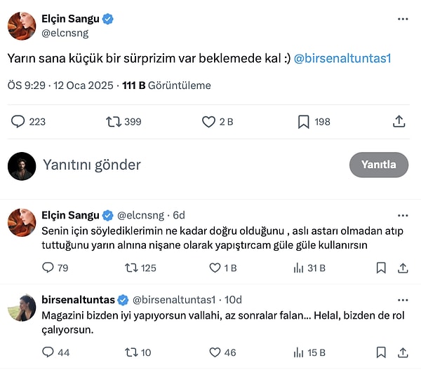 "Yarın sana küçük bir sürprizim var, beklemede kal" diyerek Altuntaş'ı etiketledi. Bir de "nasıl atıp tuttuğunu nişane olarak alnına yapıştıracağım" dedi.