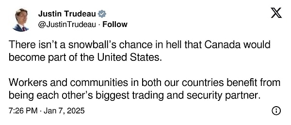 Trudeau responded to this by stating that Canada joining the U.S. was not possible, and he made a post on his social media account.