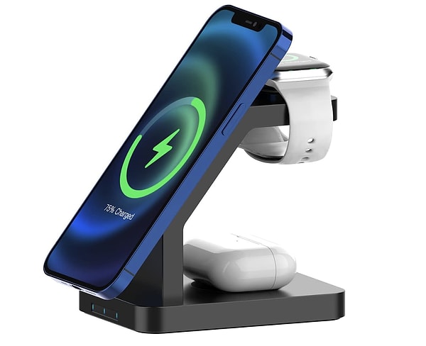 6. BUFF BL34 3 in 1 Magsafe Uyumlu 15W Telefon, Kulaklık, Apple Watch Uyumlu Masaüstü Stand Kablosuz Şarj Cihazı