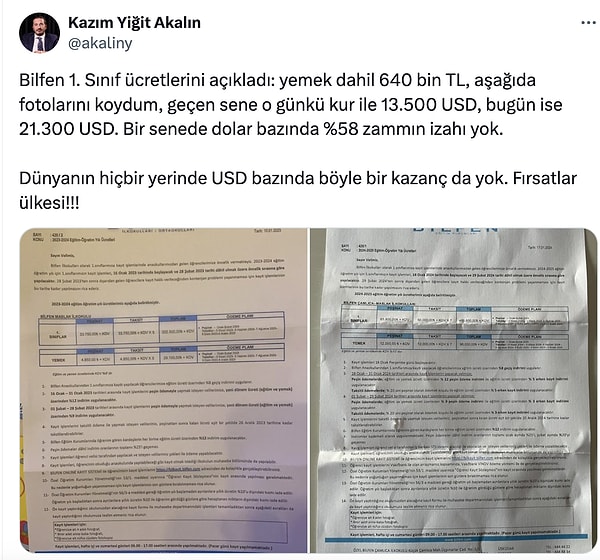 Kazım Yiğit Akalın isimli bir veli geçtiğimiz yıl kayıt yenileme döneminde Bilfen Okulları'nı fiyatları nedeniyle eleştirmişti.