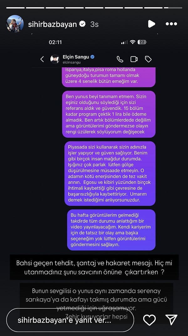 Ardından da Sangu'ya Instagram üzerinden attığı ve ünlü oyuncunun bunu aleyhinde delil olarak kullandığını öne sürdüğü mesajlarını paylaştı.