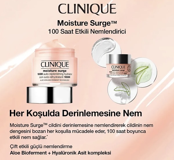 9. Clinique Moisture Surge™ 100 Saat Etkili Nemlendirici Yüz Kremi 15ml | Aloe Vera Bioferment, Hyalüronik Asit