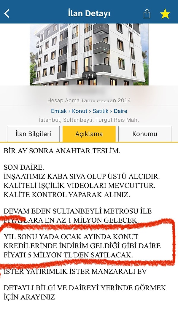 Ev sahibi ilanda “Yılsonu ya da ocak ayında konut kredilerinde indirim geldiği gibi daire fiyatı 5 milyon TL'den satılacak” sözleriyle almak isteyeni peşin peşin uyardı!