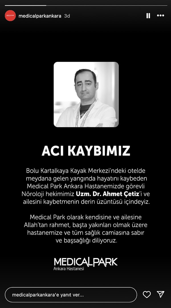 Dr. Ahmet Çetiz'in eşi ve üç çocuğuyla beraber yangında hayatını kaybettiğini hastanesi duyurdu.