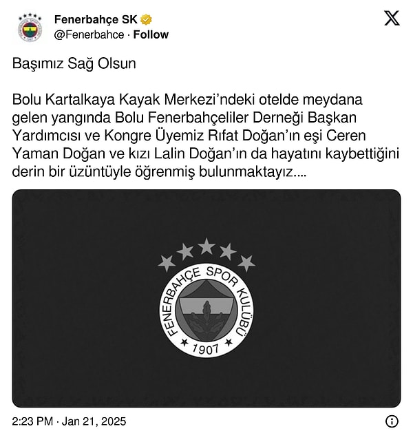 Kulüpten bir acı haber daha geldi. Kongre Üyesi Rıfat Doğan’ın eşi Ceren Yaman Doğan ve kızı Lalin Doğan'ın da hayatını kaybettiği ifade edildi.