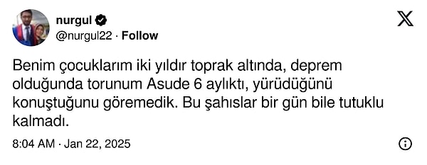 Sosyal medyada iş insanlarının 500 gündür yakalanmamasına tepki yağdı. Depremde yakınlarını kaybeden acılı aileler yaşadıklarını paylaşımlarıyla anlattı, adaletsizliğe isyan etti 👇