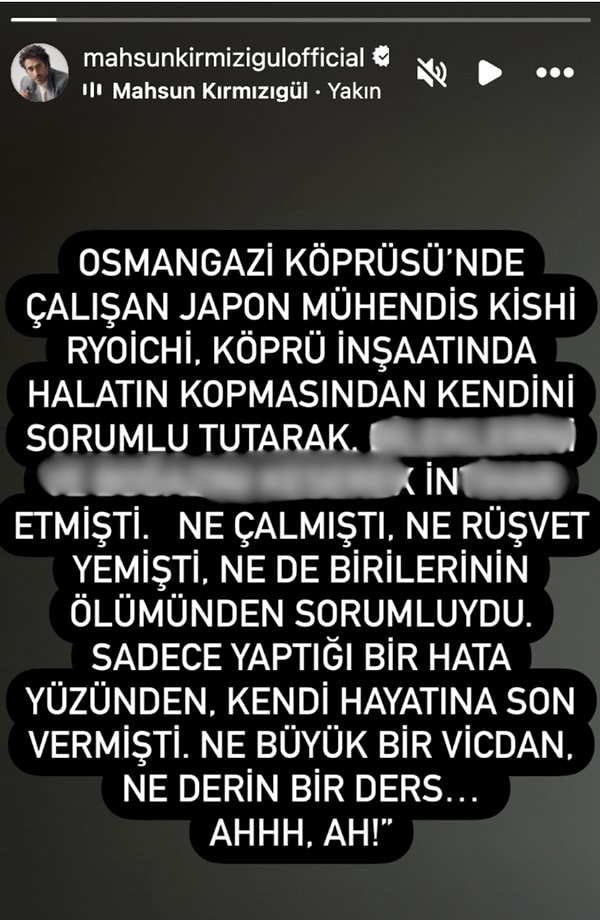 Kırmızıgül ise hafızalara kazınan mühendisin olayı üzerinden "NE ÇALMIŞTI, NE RÜŞVET YEMİŞTİ. NE DE BİRİLERİNİN ÖLÜMÜNDEN SORUMLUYDU. SADECE YAPTIĞI BİR HATA YÜZÜNDEN, KENDİ HAYATINA SON VERMİŞTİ. NE BÜYÜK BİR VİCDAN, NE DERİN BİR DERS..." diyerek gönderme yaptı.