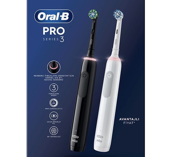 4. Oral-B Pro 3 - 3900 - Siyah Beyaz 2'li Elektrikli Diş Fırçası Seti