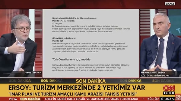 Ahmet Hakan Kültür ve Turizm Bakanı Mehmet Nuri Ersoy'a  "Bolu Belediyesi İtfaiye Müdürlüğü'nü doğrudan ilgilendiren bir yasa yok mu?" sorusunu yöneltti.