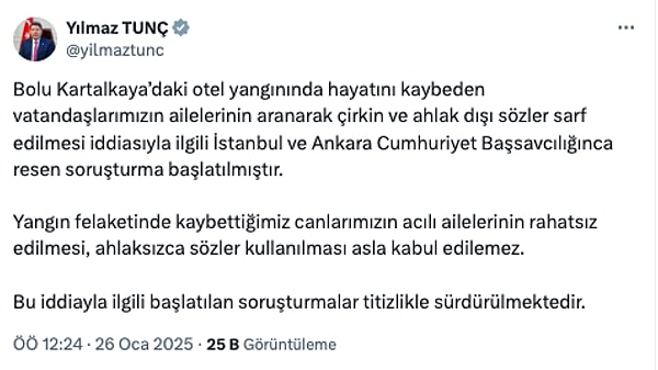 Tunç'un paylaşımı şu şekilde: