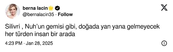 Berna Laçin son zamanlarda tutuklanarak Silivri Cezaevine gönderilen isimler hakkında  "Doğada yan yana gelmeyecek  her türden insan bir arada" diyerek Nuhun Gemisi benzetmesi yaptı!