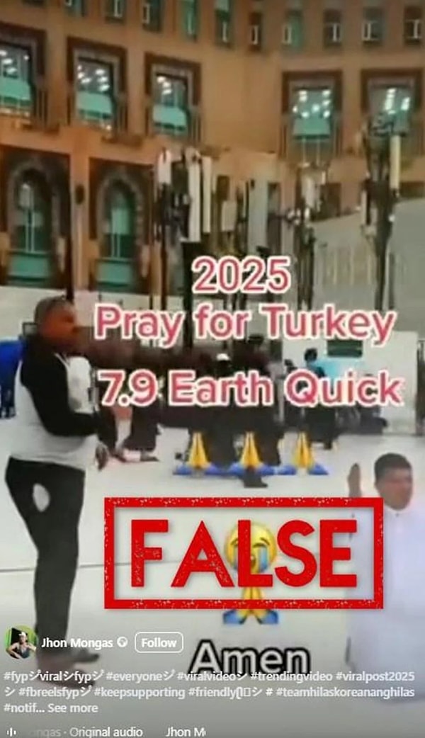 İlk kez Facebook’ta paylaşılan ve üzerinde  “2025 Türkiye için dua edin” ve “7.9 deprem” gibi metinlerin olduğu video TikTok’ta da binlerce kez paylaşıldı.