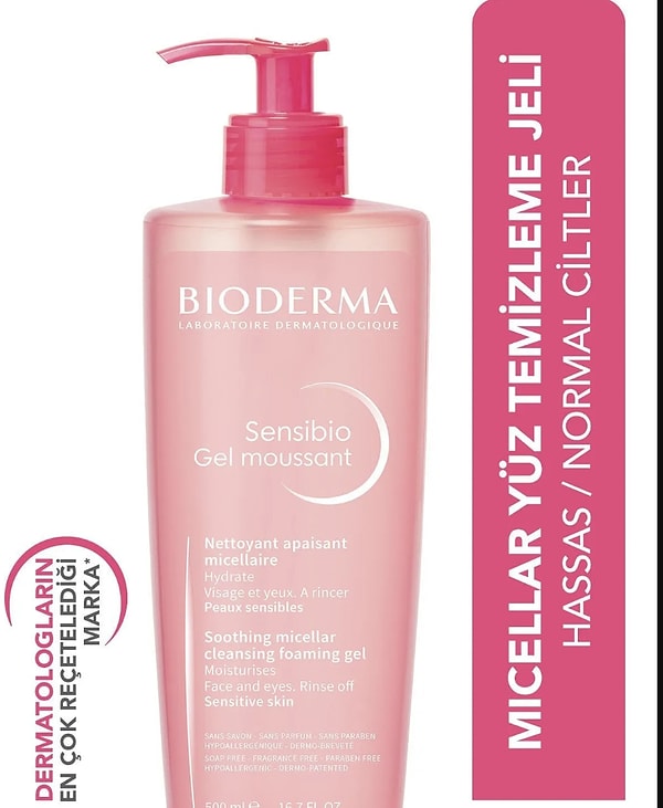 11. Bioderma Sensibio Foaming Gel Hassas ve Normal Ciltler Durulanan Micellar Yüz Temizleme Jeli 500 ml