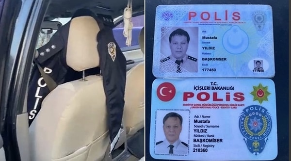 Araçta arama yapan ekipler "başkomiser" rütbeli polis yeleği ve bir başka polis kimliği buldu.