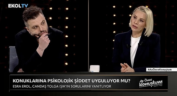 10. Az Önce Konuştum'a katılan Esra Erol, Candaş Tolga Işık'ın sorularını Ekol TV'de yanıt verdi. Esra Erol, geçtiğimiz günlerde işlediği kayıp Fatih Aydın konusuna değindi. Anne Rabia ile ilgili Armağan Çağlayan, "Esra Erol'da bir konuğa günlerdir psikolojik şiddet uygulanıyor." diye yazmıştı. Candaş Tolga Işık bu iddiayı sordu. Bakın, Esra Erol ne yanıt verdi...