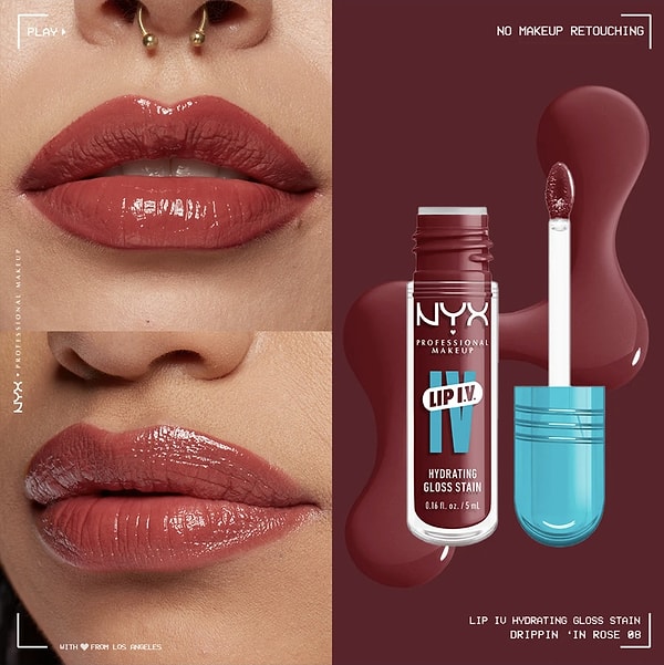 12. NYX Professional Makeup - Lip I.V. Vitamin İçeren Parlatıcı + Tint (08 Drippin' In Rose)