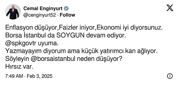 Sosyal medyada ise Borsa İstanbul'da bugün yaşanan sert düşüşe tepkiler yağdı. Siyasi isimler, ekonomistler "Borsa'da soygun var" paylaşımları yaptı. İşte o yorumlar 👇