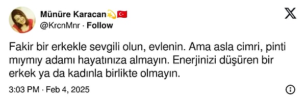 "Fakir erkekle sevgili olun. Ama cimri adamı hayatınıza almayın" 👇