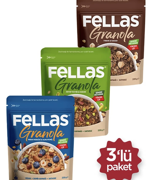 6. Fellas Granola 3'lü Mix Paket - Yaban Mersinli 200g Fındık 200g Antep Fıstığı 200g