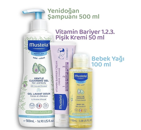 11. Mustela Bebek Günlük Çözüm Seti (500ml Şampuan + 50ml Pişik Kremi + 100ml Yağ)