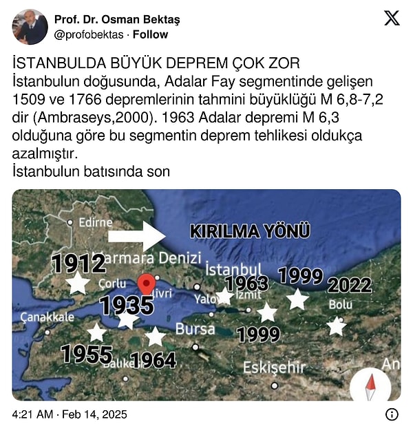 Jeoloji Mühendisi Prof. Dr. Osman Bektaş, X hesabından bir paylaşım yaptı ve "İstanbul'da büyük deprem çok zor" dedi.