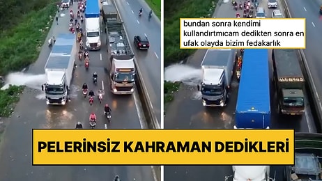 Patlayan Su Borusu Yoldan Geçen Motorculara Zorlu Anlar Yaşatırken Bir Kamyon Sürücüsü Kendini Siper Etti