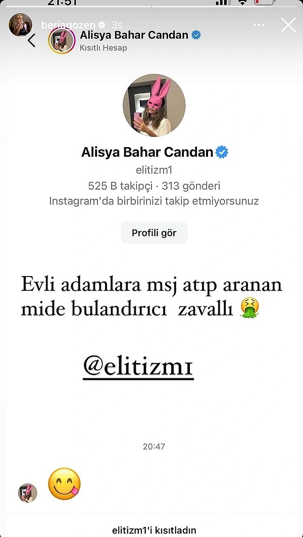 Beria, "Evli adamlara mesaj atıp aranan mide bulandırıcı zavallı" yazarak söz konusu mesajı paylaşmış, Bahar Candan ise "Bodyguardımdı, çantamı taşıyordu" demişti.