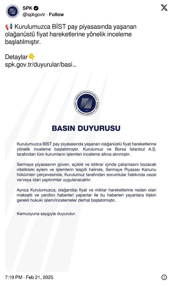 Söz konusu açıklama SPK'nın resmi X hesabından paylaşıldı. Paylaşıma kullanıcılardan, yatırımcılar tepkiler ve yorumlar geldi.