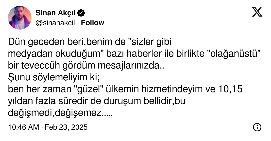 Sinan Akçıl’ın Twitter’dan yaptığı paylaşım 👇