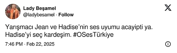 Hadise'nin sesi ve yarışmacıyla uyumu büyük beğeni topladı.