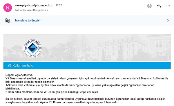 Öğrencilere gönderilen e-mail’de şu ifadelere yer verildi: