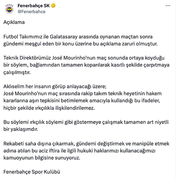 Fenerbahçe'nin açıklamasının tamamı şu şekilde: