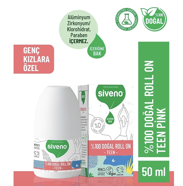 8. Siveno %100 Doğal Roll On Teen Girl Genç Kız Deodorant Bitkisel Lekesiz Vegan 50 ml