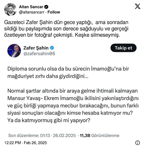 Ardından paylaşımını sildi.