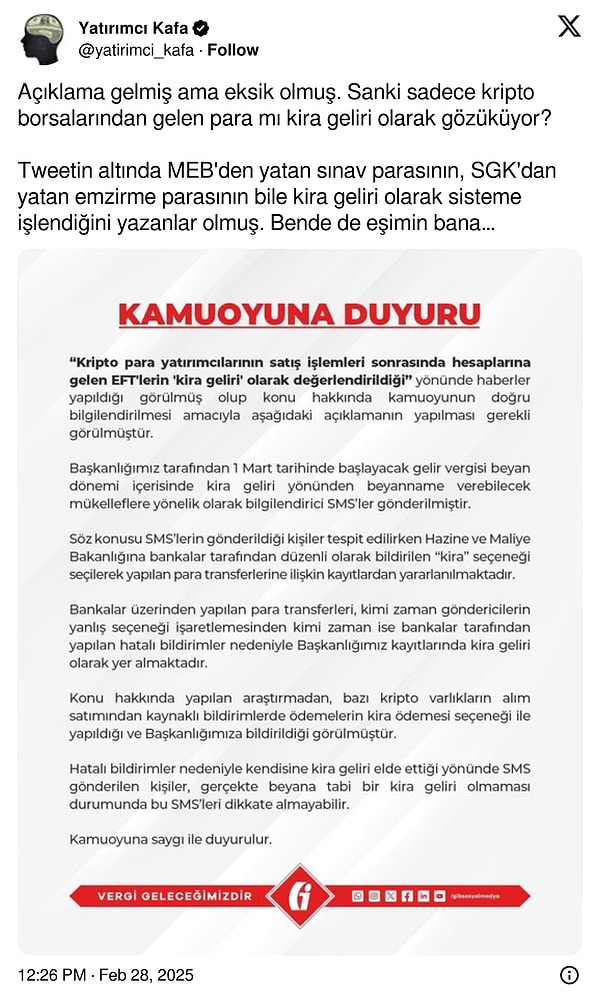 Kullanıcı, GİB'in açıklamasına dair ise şu mesajı paylaştı: