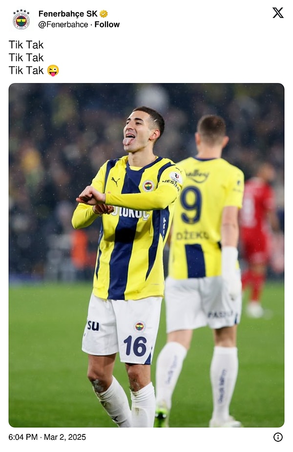 Fenerbahçe resmi hesabı da "Tik tak" göndermesi ile gol sevincini paylaştı.