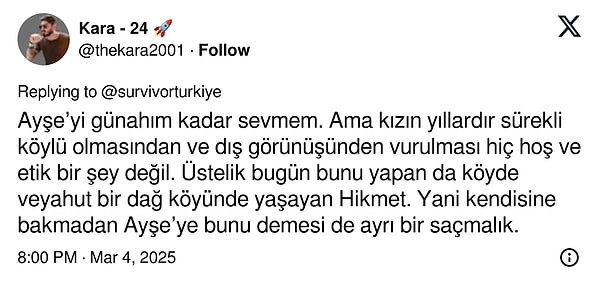 Ayşe'ye sık sık "köylü" denerek küçümsenmeye çalışılması izleyicilerin de tepkisini çekti.